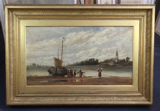 Arthur Joseph Meadows (1843-1907) Estuary scene with women unloading a sail barge 18 x 32in.